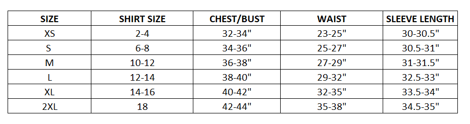 Size chart for Ladies Diverge Reversible Jacket- Black