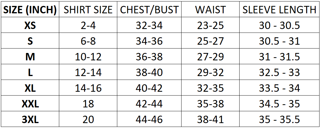 Size chart for Women's Fossa Downtown Soft Shell Jacket - Black
