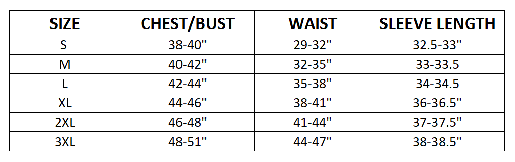 Size chart for Parlance Jacket - Black