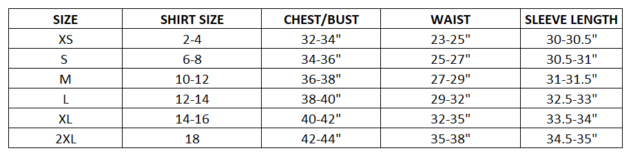 Size chart for Ladies Parlance Jacket- Black